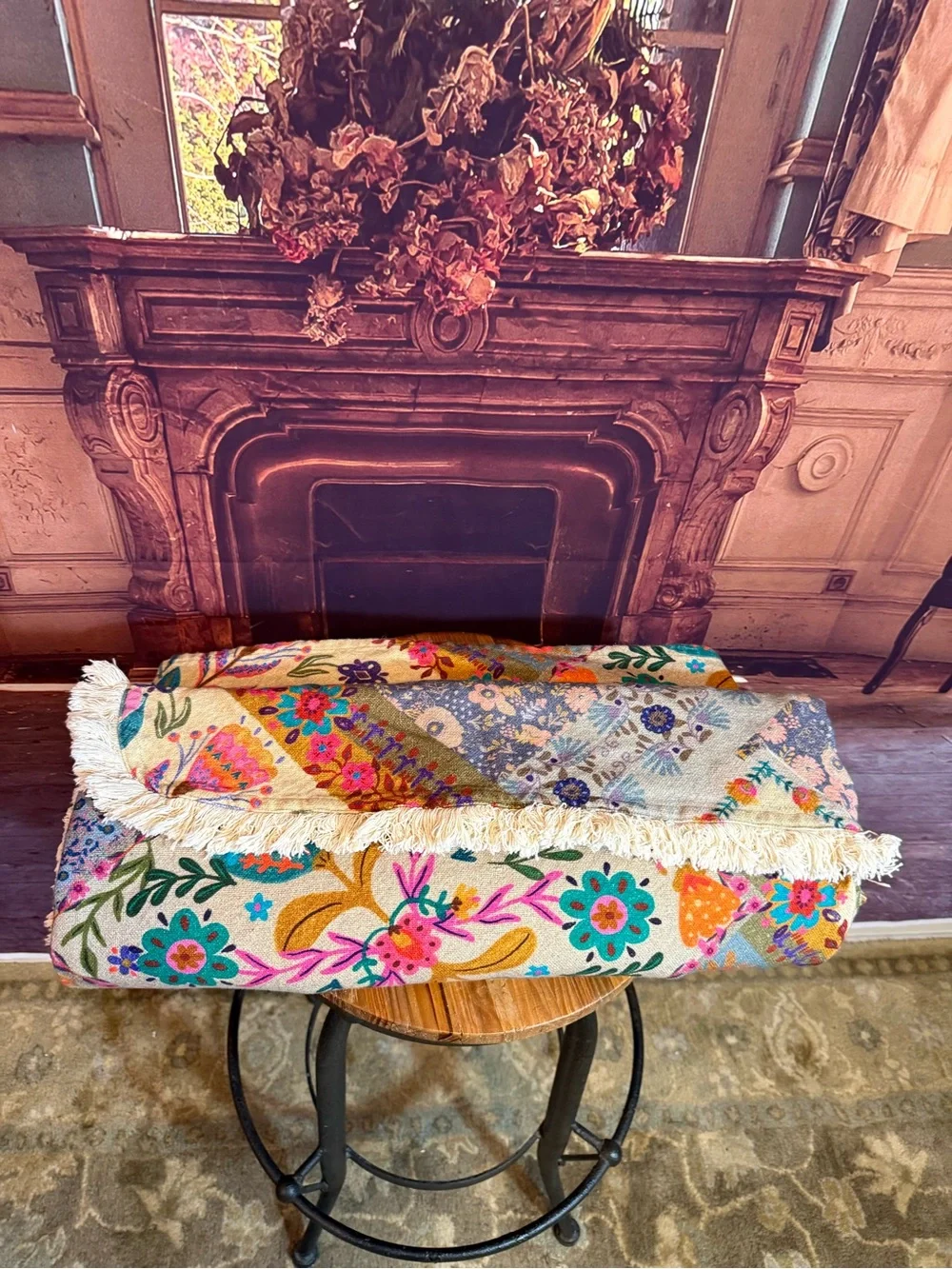 Natural Life Cotton Sofa Couch Cover Colorful Floral Fringe Multicolor